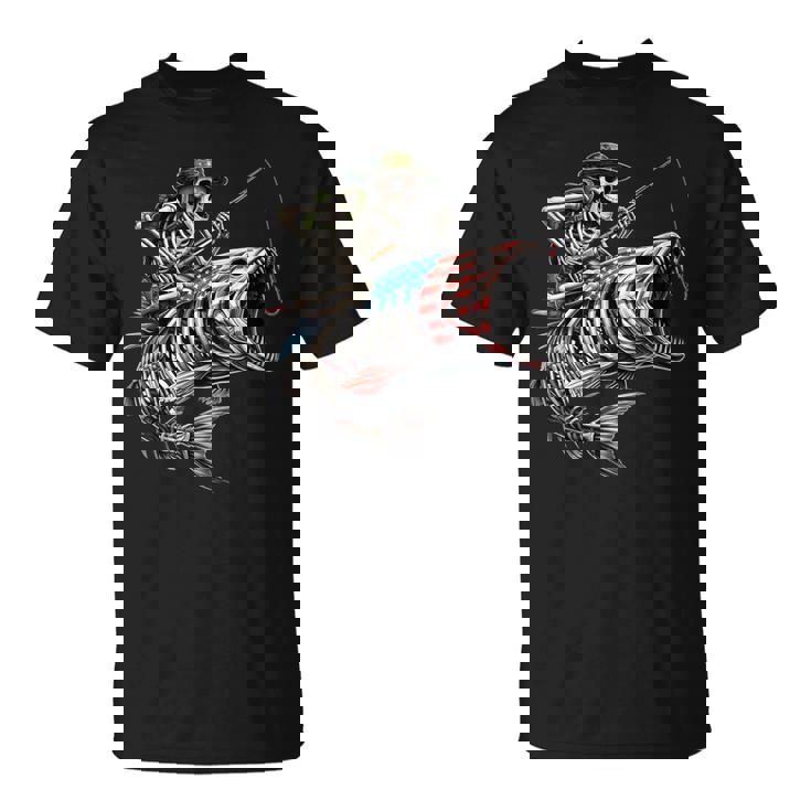 Fishing American Flag Bass Fish Skull Skeleton Fisherman T-Shirt