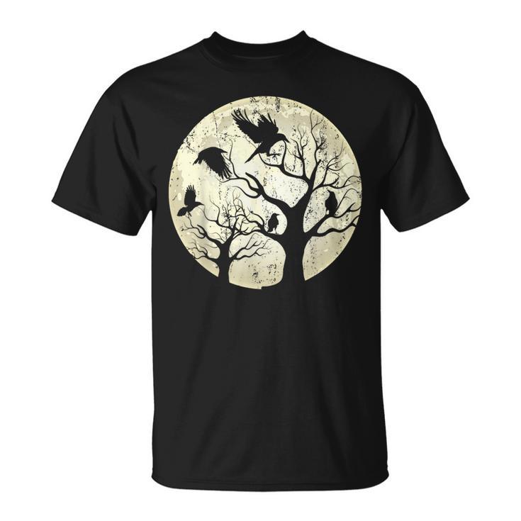 Forêt Arbre Lune Oiseaux Gothique Noir Terrifiant Corbeau T-Shirt
