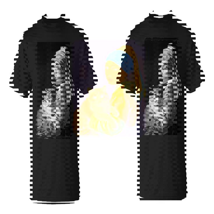 Girl With A Pearl Earring And A Cat 名画パロディ アート猫 Tシャツ