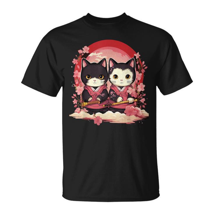 Kawaii Japonés Parejasamurai Ninja Gatos Guerrero Arte Camiseta unisex