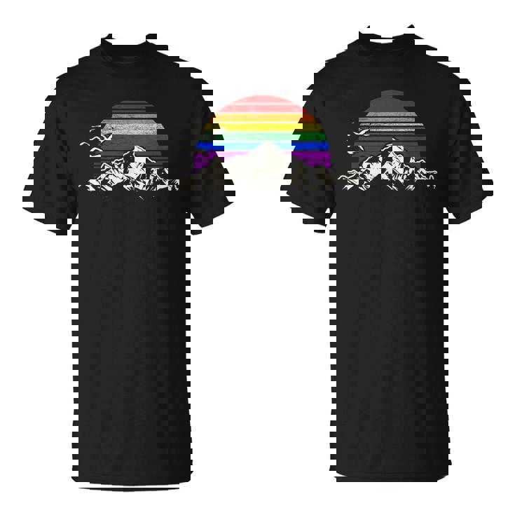 Lgbtq レインボー 山 サンセット ヴィンテージ Tシャツ