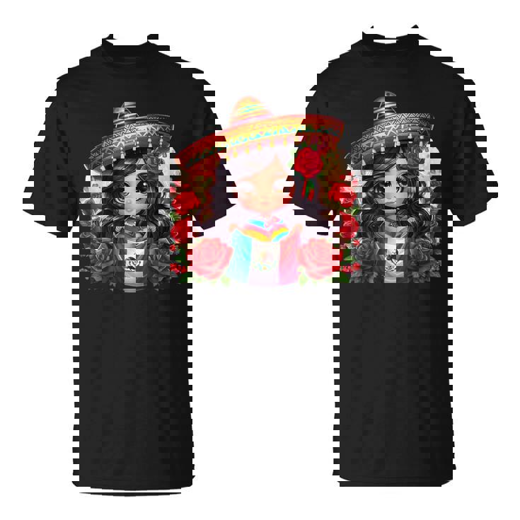 Long Haired Curvy Mexican Chibi Zarape Roses Mexican Pride Tシャツ