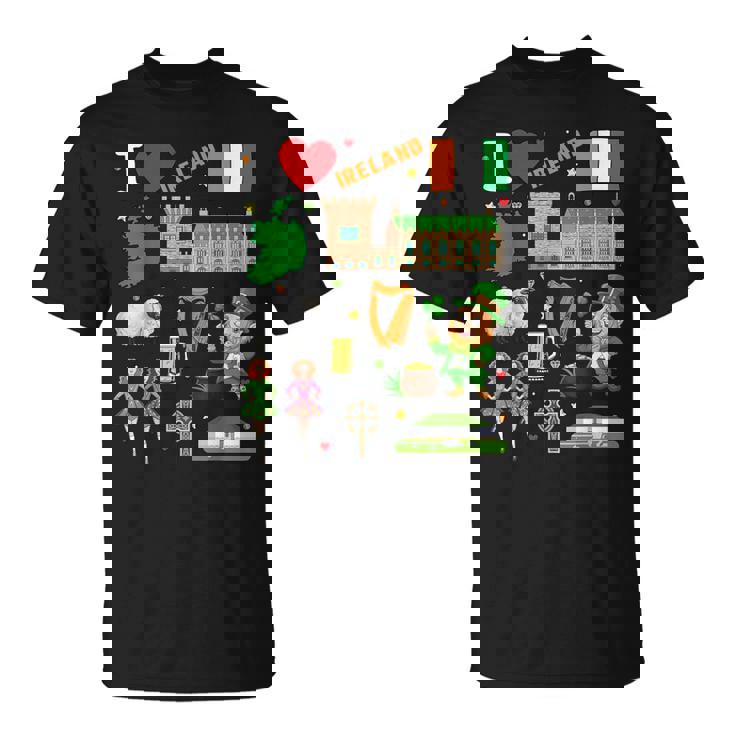 I Love Ireland。手描きアイルランドのランドマーク、旗、地図 Tシャツ
