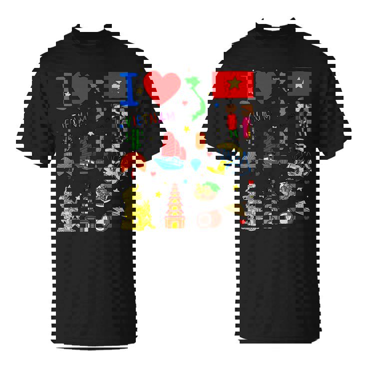 I Loveietnam手描き ベトナムのランドマーク、旗、地図 Tシャツ