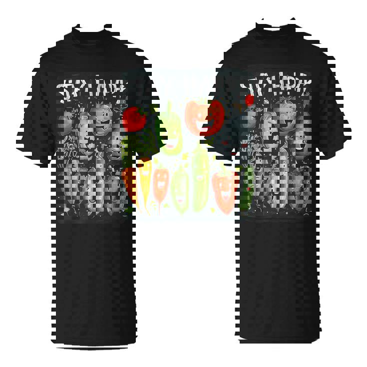 Mantente Feliz Conerduras Y Frutas Divertidas Camiseta unisex