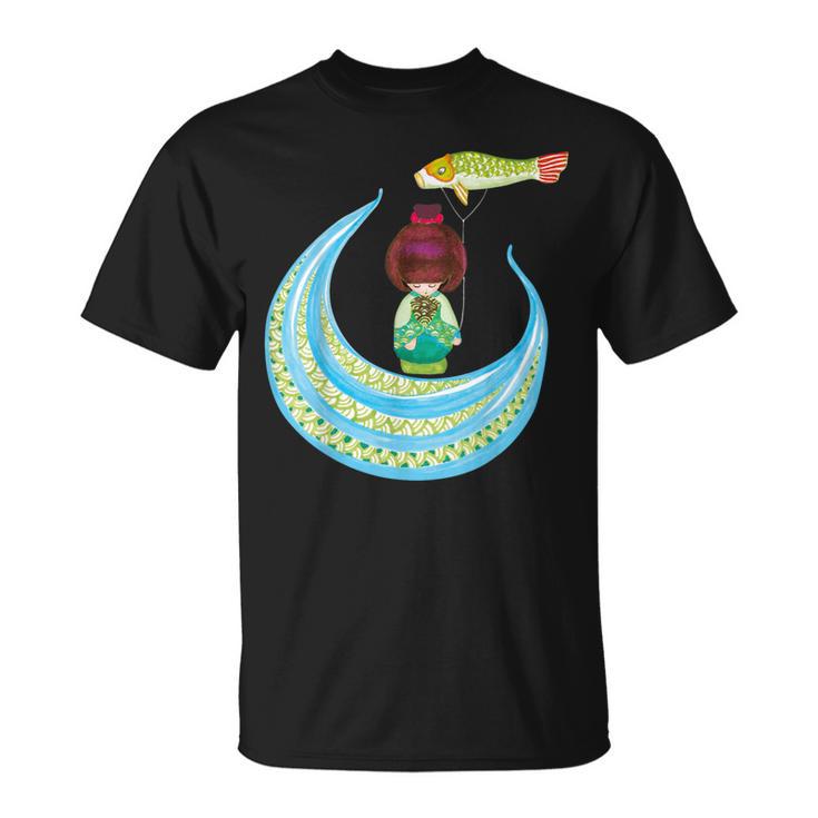 Muñeca Japonesa Tradicional Y Bandera De La Carpa Kokeshi Camiseta unisex