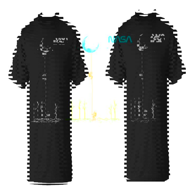 Nasaの宇宙飛行士がロープを登ってムーンワームのロゴを目指す Tシャツ