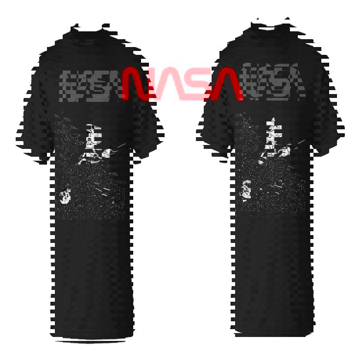 Nasaの宇宙飛行士の掃除機の星のワームのロゴが面白い Tシャツ