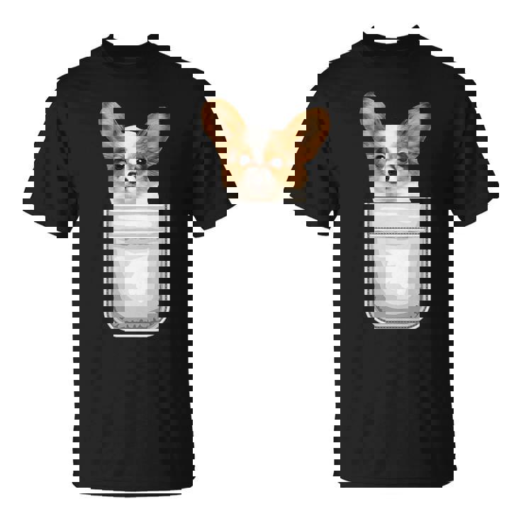 Papillon パピヨン 子犬 ポケットの中の犬 Tシャツ