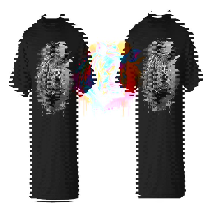 Rhinoceros アートワーク ポートレート 動物 アート カラフル スプラッシュ サイ Tシャツ