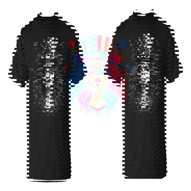 Sugar Skull 4Th Of July American Flag Skeleton Women T-Shirt