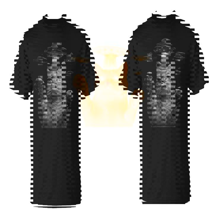 Ufo 誘拐 猫 面白い エイリアン ビーム リアル スタイル Tシャツ