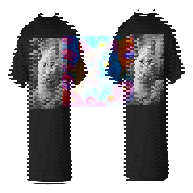 「お花畑のルディ猫」 油絵風ファンタジーアート 綺麗 かわいい オッドアイ リアル Tシャツ