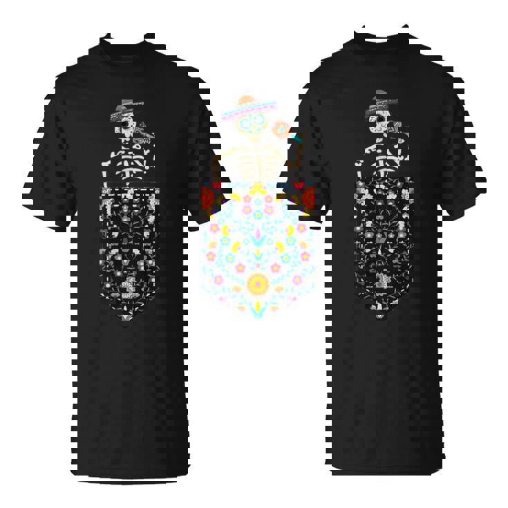 かわいいシュガースカル スケルトン ポケット入り メキシカン シンコ・デ・マヨ Tシャツ