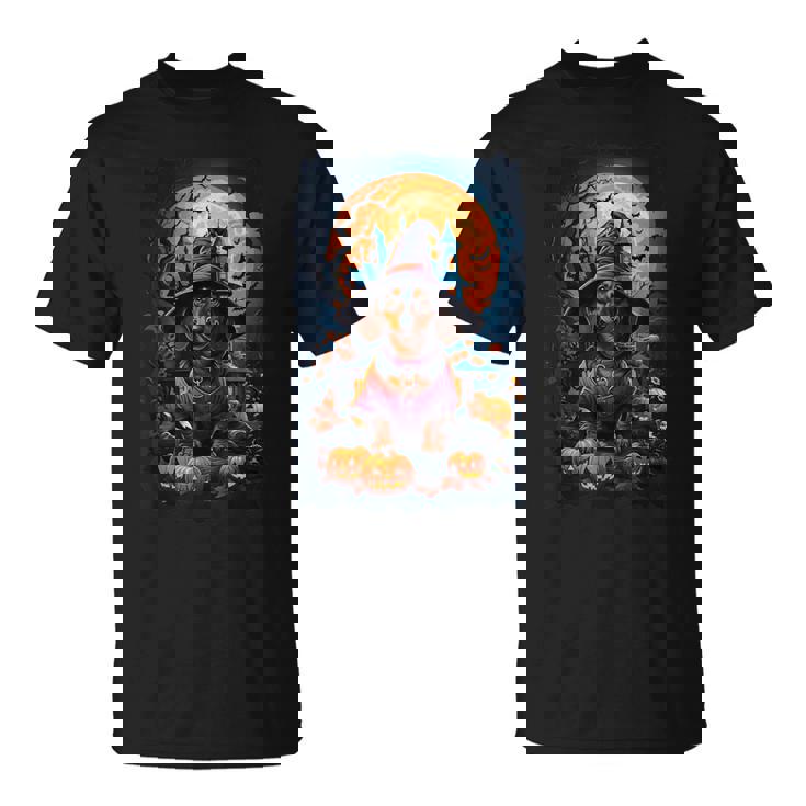 かわいいダックスフントと不気味なお化け屋敷のハロウィンコスチューム Tシャツ