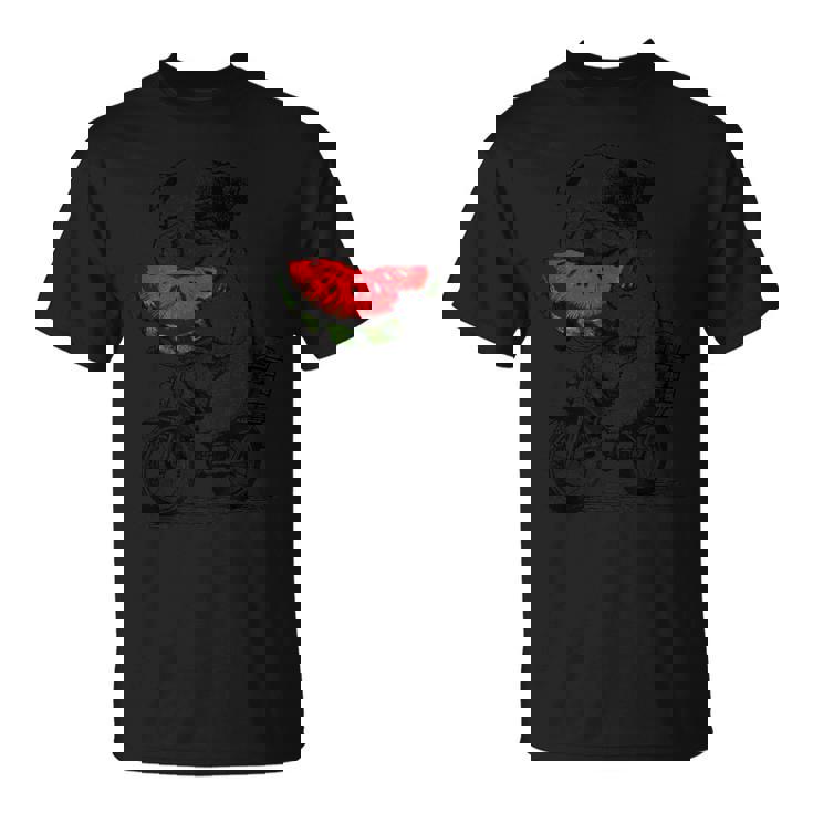 かわいいブルドッグが自転車に乗ってスイカを食べる 誕生日 Tシャツ