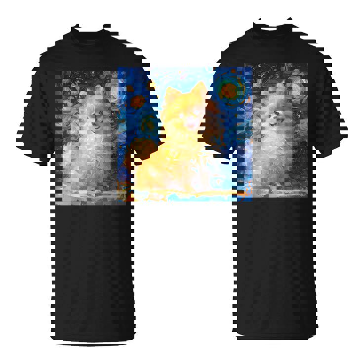 かわいいポメラニアン犬 星月夜 ヴィンセント・ヴァン・ゴッホ絵画 Tシャツ