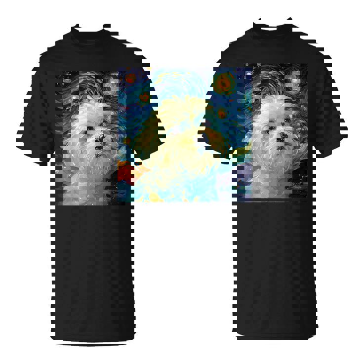 かわいいマルチーズドッグ 星月夜 ヴィンセント・ヴァン・ゴッホ絵画 Tシャツ