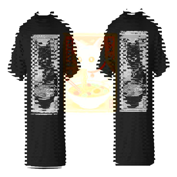 かわいい猫とラーメン麺 日本のアニメ漫画 Tシャツ