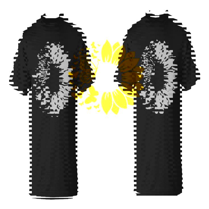 ひまわりと蝶のシルエット、自然の調和。 Tシャツ