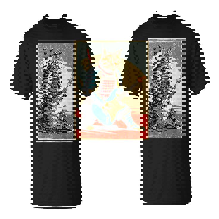 アニメ 日本の侍猫 エレキギターを弾くアートワーク Tシャツ