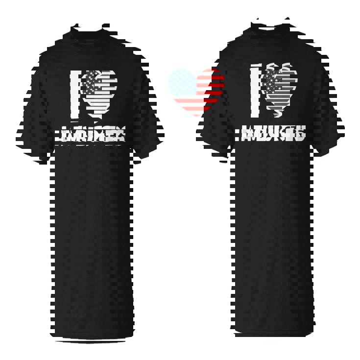 アメリカ国旗とハートのアイ・ラブ・ハンバーガー Tシャツ