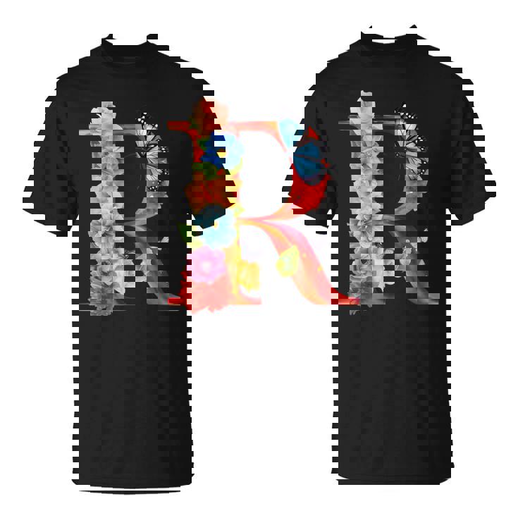 イニシャル R アルファベット バタフライ ローズ 花 水彩 モノグラム Tシャツ
