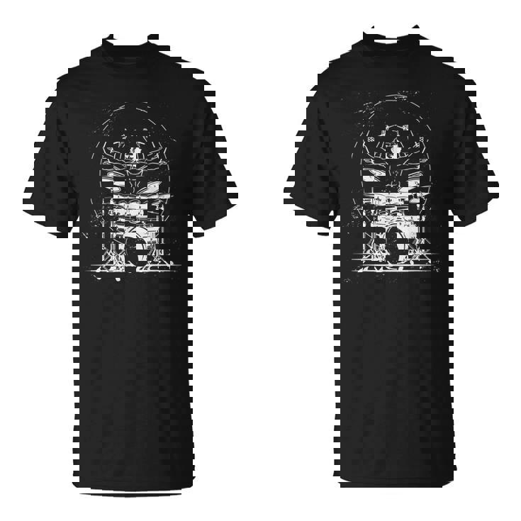 ウィトルウィウス的人体図 ドラム 面白tシャツ レオナルドダヴィンチ おもしろ ドラマー 服 音楽 メンズ Tシャツ