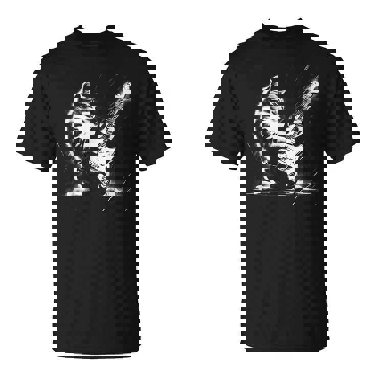 エレキギターで遊ぶ面白いギター猫 Tシャツ
