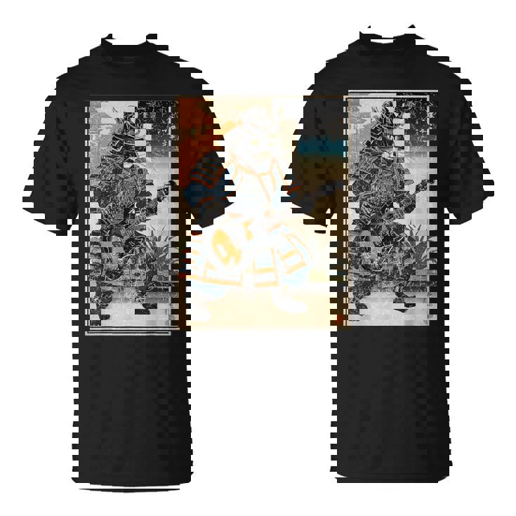 エレキギターを弾く日本の侍猫 浮世墨アート Tシャツ