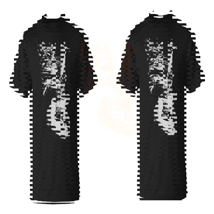 エレキギターを弾く猫 面白い猫ロッカー ロックショーで Tシャツ