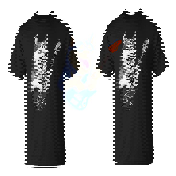 エレキギターを弾く面白いシベリアンハスキー犬ミュージシャン Tシャツ