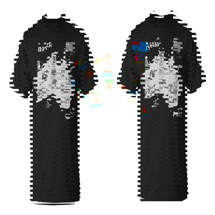 オーストラリアの地図。風景、動物、文化、シンボルのアイコン Tシャツ