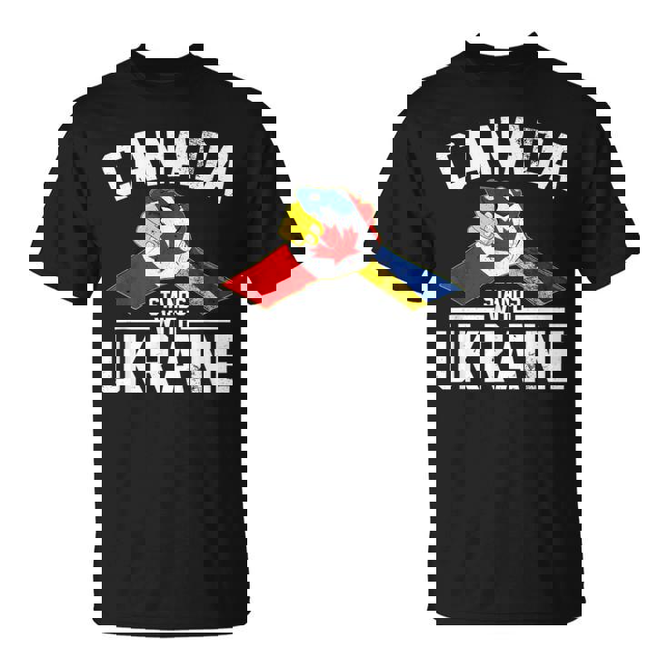 カナダはウクライナのウクライナのカナダの旗のtシャツで立ちます Tシャツ