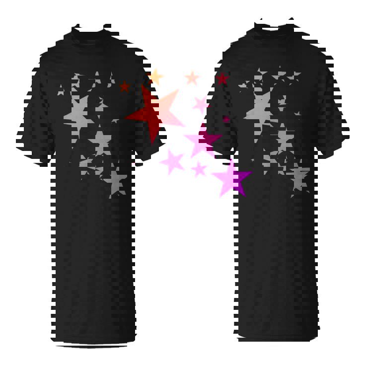 カラフルなオレンジピンクの星、流れ星柄デザイン。 Tシャツ