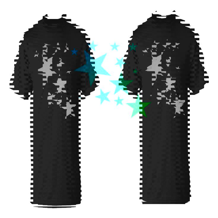 カラフルなグリーンブルーの星、星柄デザイン。 Tシャツ