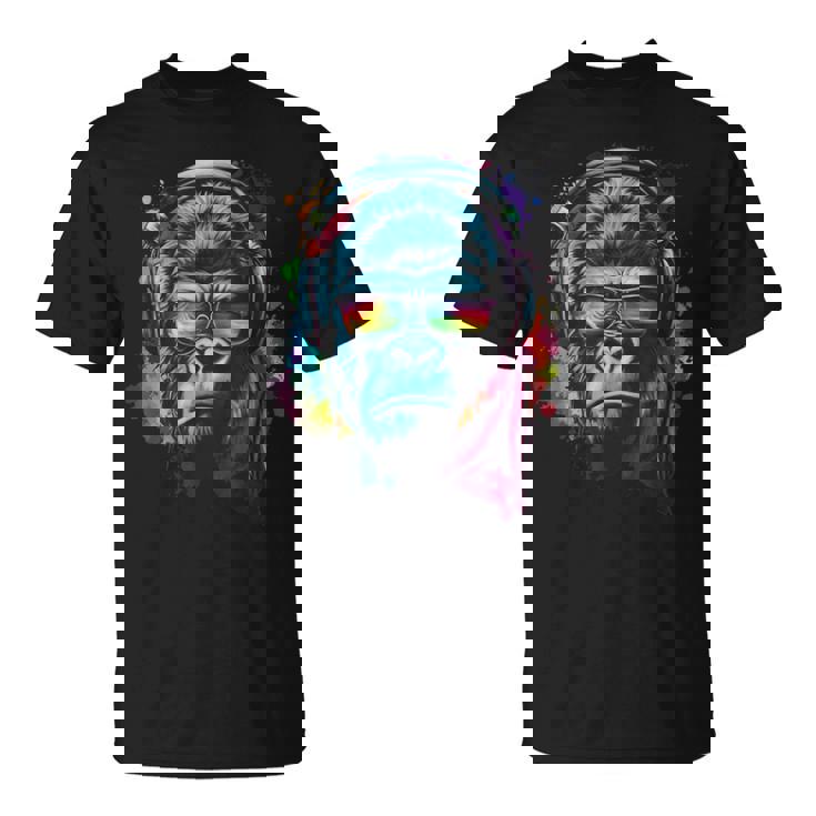 カラフルなゴリラとヘッドフォン レインボー バイブス エイプ モチーフ Tシャツ