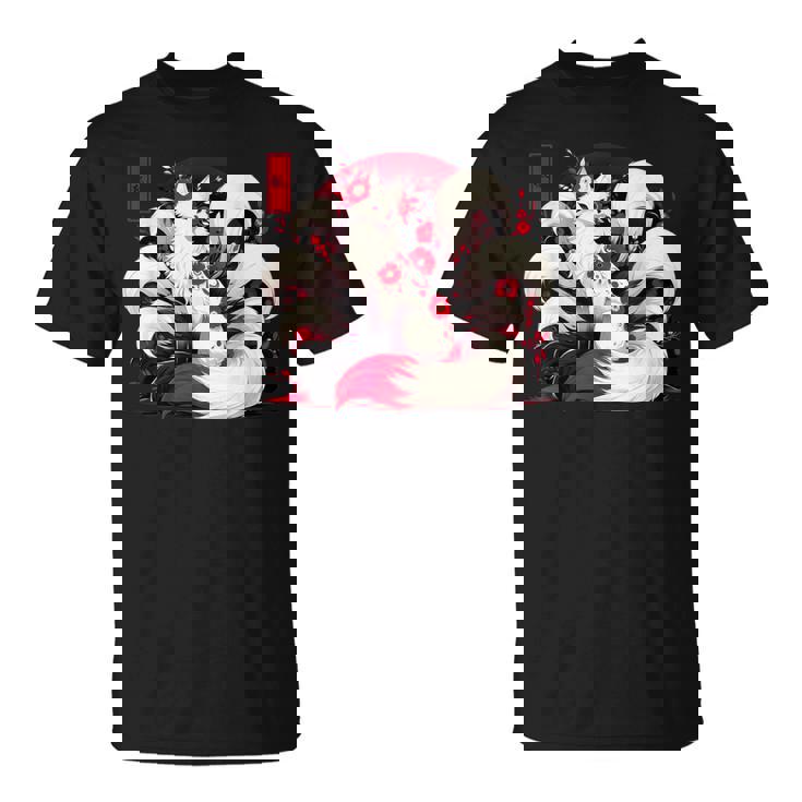 キツネ キツネ 赤いクモユリ 花 日本の九尾キツネ Tシャツ