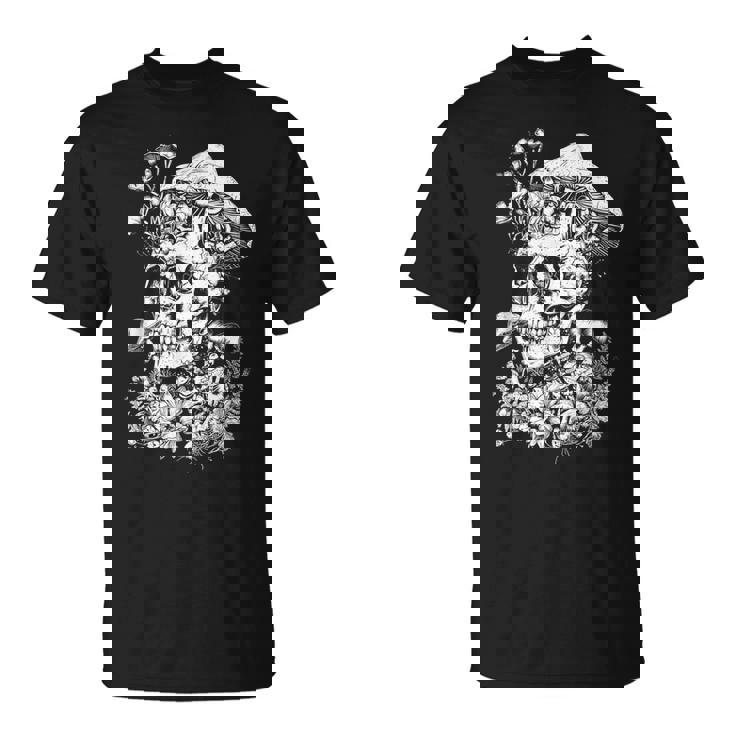 キノコや花があしらわれた骸骨の幻覚的なイラスト Tシャツ