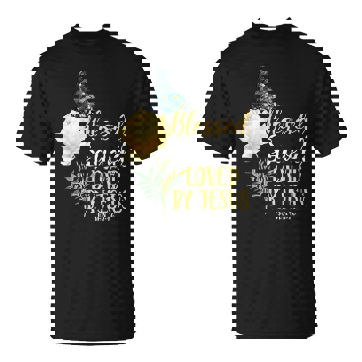 キリスト教聖書の言葉 蝶 バラの花 ヨハネ3 Tシャツ