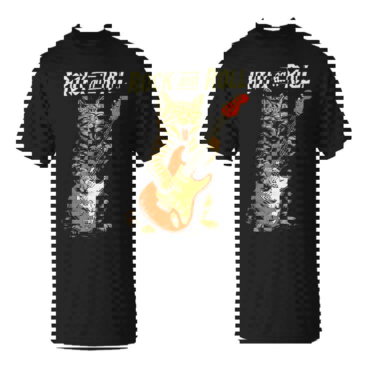 ギターを弾くロックな猫 音楽好き猫好き向けデザイン Tシャツ