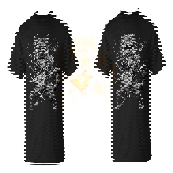 ギターを弾くロックキャット 面白いギター猫 Tシャツ