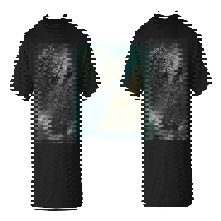 クラーケンの海の怪獣が海に潜る海賊船を襲う巨大猫 Tシャツ