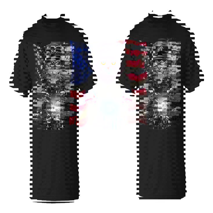 グレー 猫 ねこ バイク 星条旗 アメリカ Tシャツ