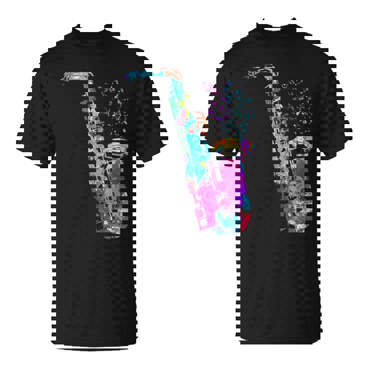サクソフォン プレーヤー ジャズ 音符 サクソフォン カラフル サックス Tシャツ