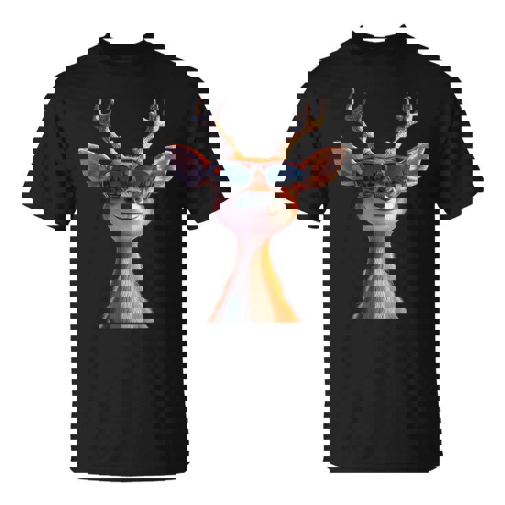 サングラスの角を持つ雄鹿狩猟鹿トナカイ赤鹿 Tシャツ