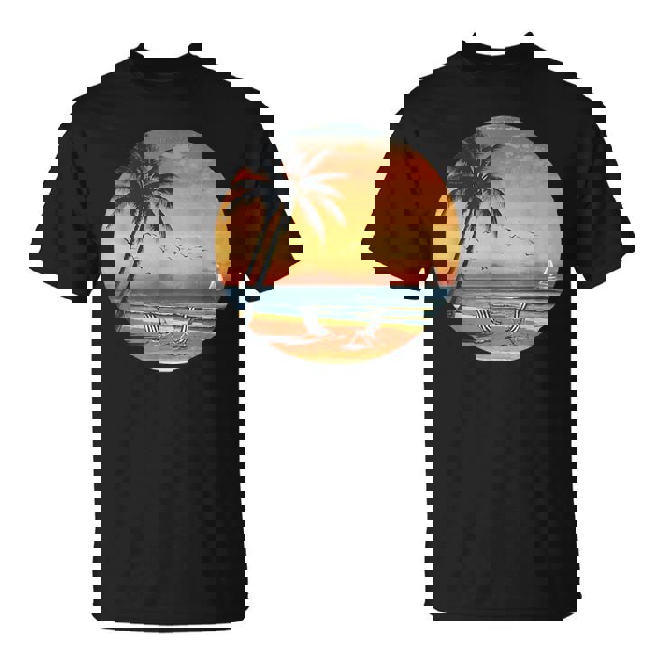 サンセット ビーチ ヤシの木 夏 バイブ レトロ トロピカル 夏 ビーチ Tシャツ