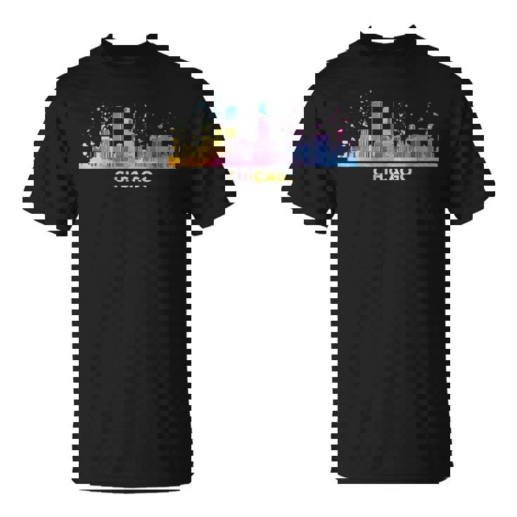シカゴのスカイライン カラフル 街並み シカゴ Tシャツ
