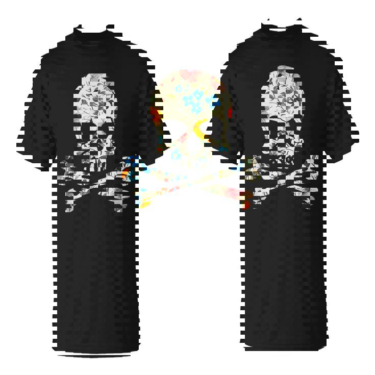 ジョリー・ロジャーのシルエット 花柄 スカル&クロスボーン Tシャツ