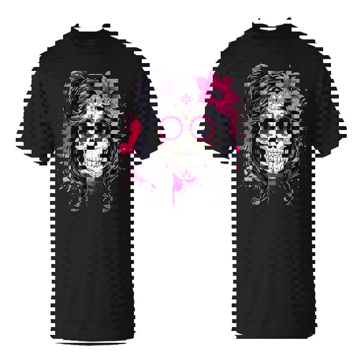 スタイリッシュなマゼンタ サクラ ムエルテ スカルデザイン Dia De Los Muertos Tシャツ